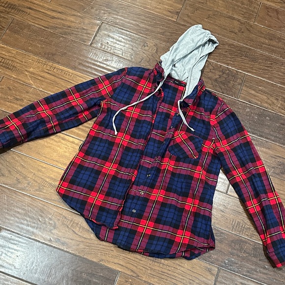 Socialite Tops - Socialite Red and Blue Plaid Shirt with Gray Hood
